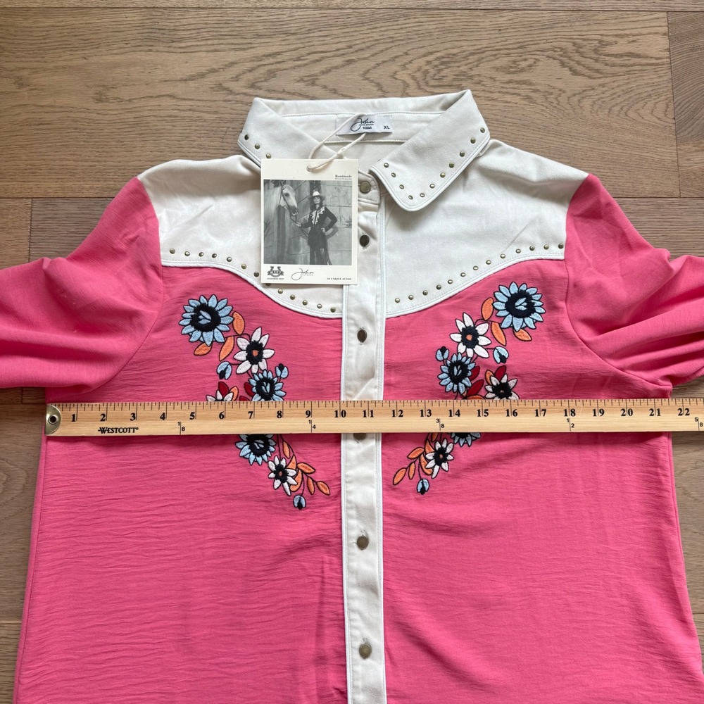 John Moon Texas Pink Western Shirt Floral Embroidery Fringe Studded XL Handmade - Picture 11 of 14